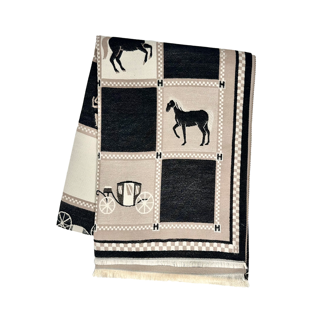 Blanket with horse and carriage pattern on a white background