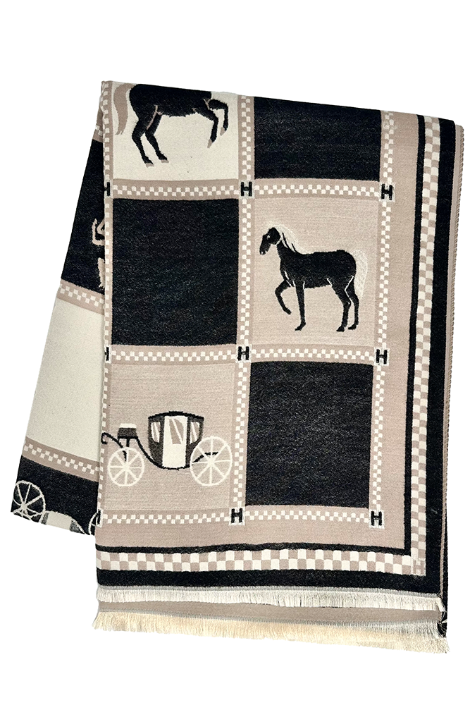 Blanket with horse and carriage pattern on a white background