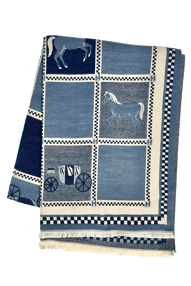 Decorative scarf with horse and carriage pattern on a white background