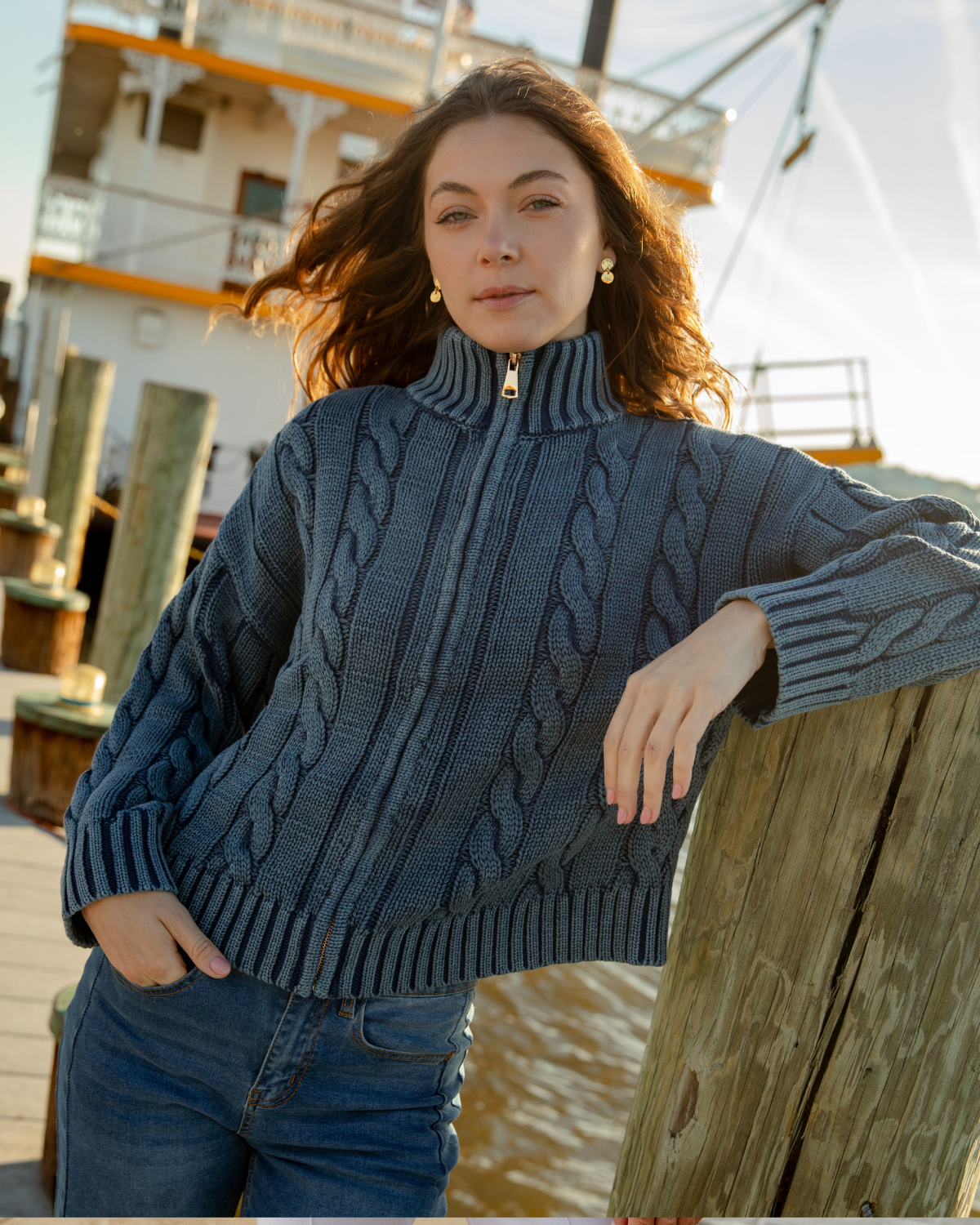 Woman in The Stonewash Cotton Full Zip