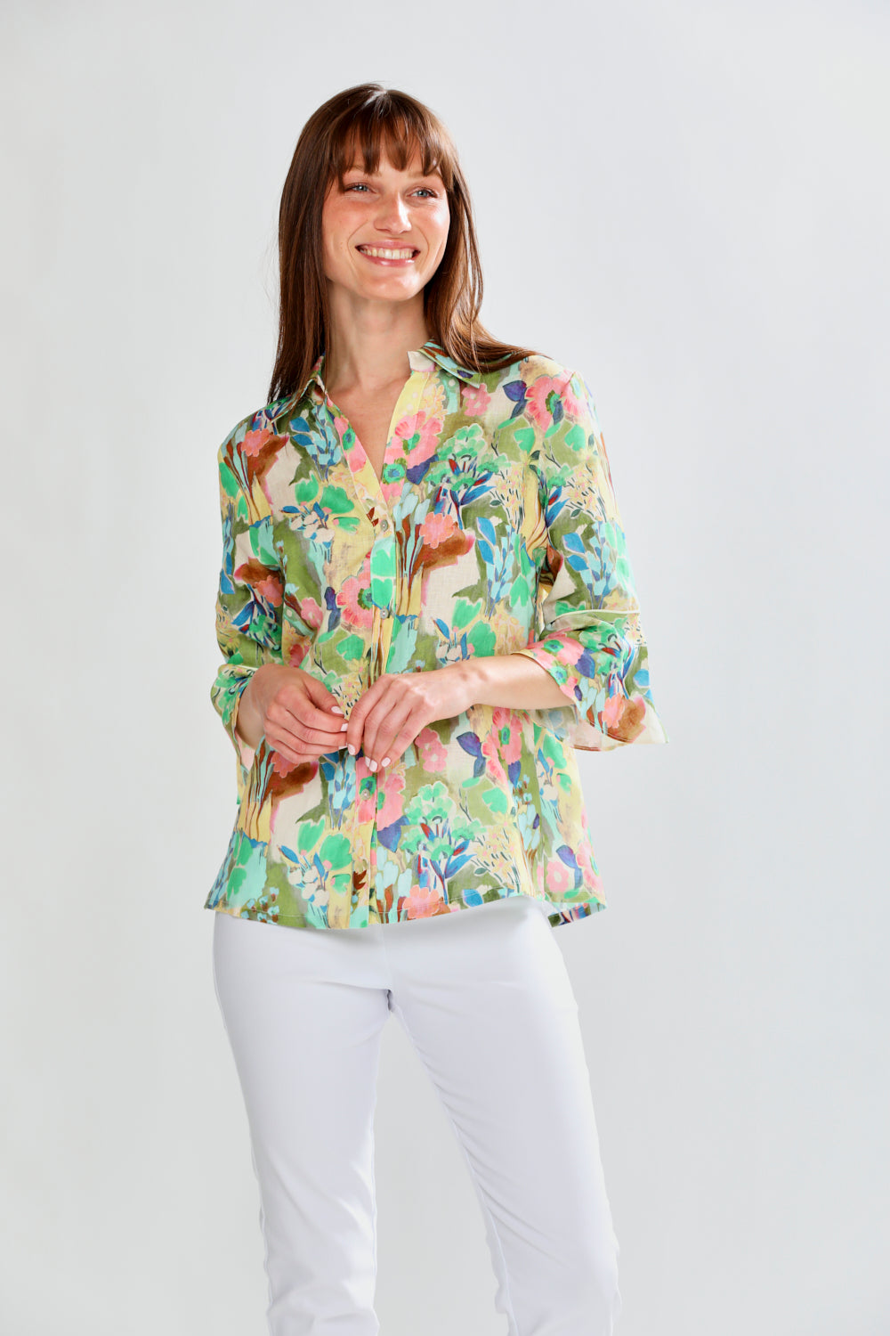 woman in floral shirt
