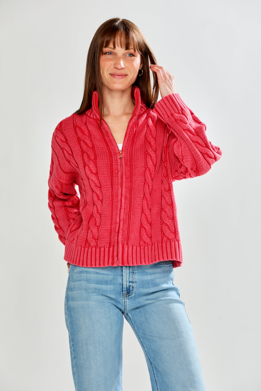 woman in red sweater