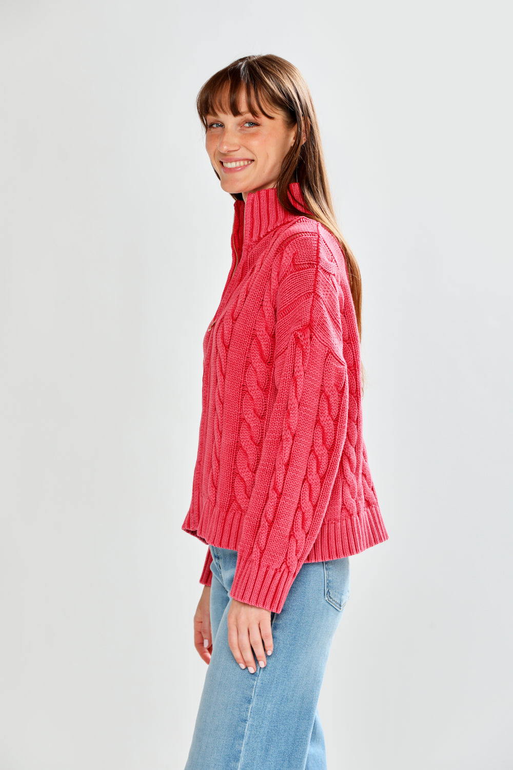 woman in red sweater