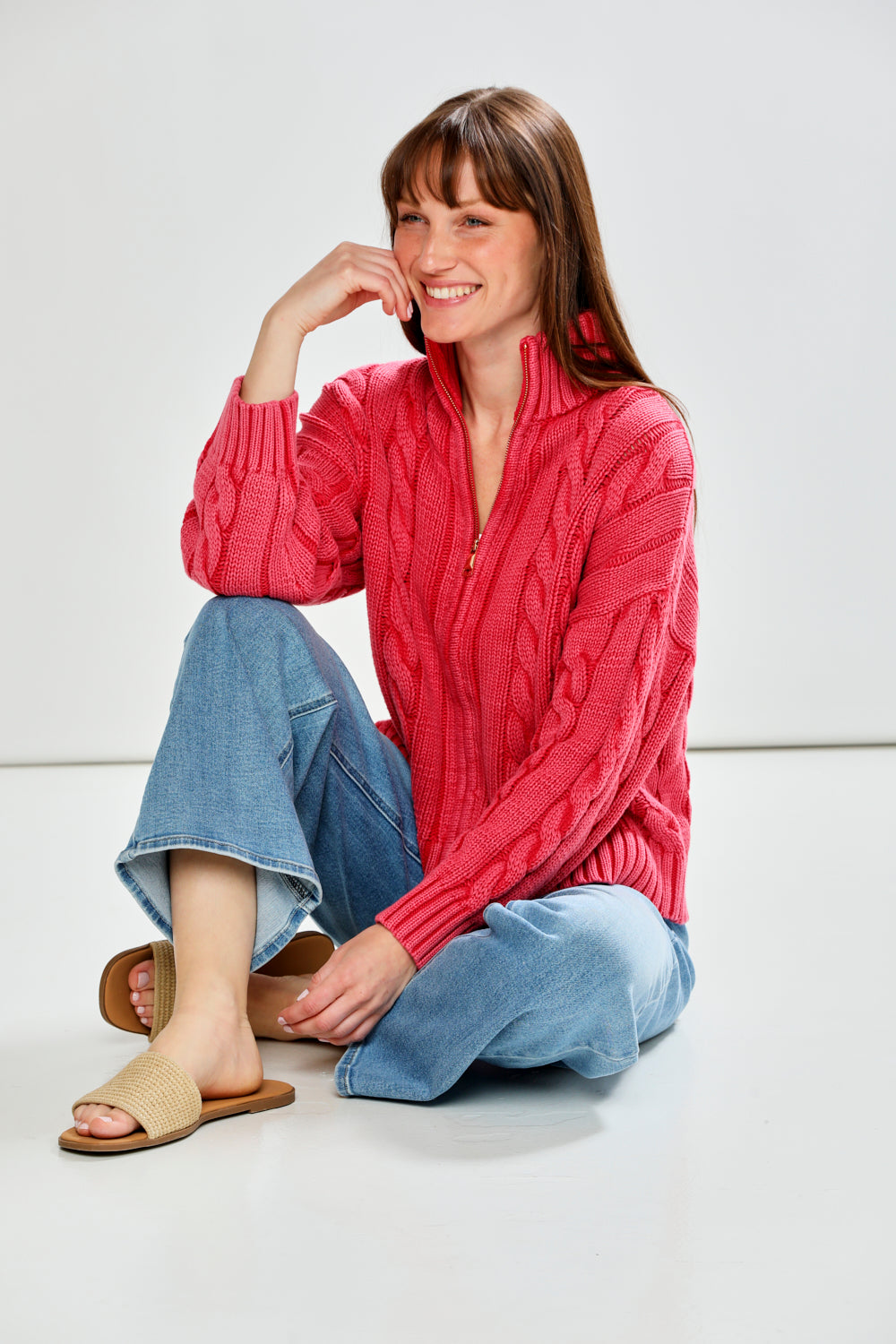 woman in red sweater