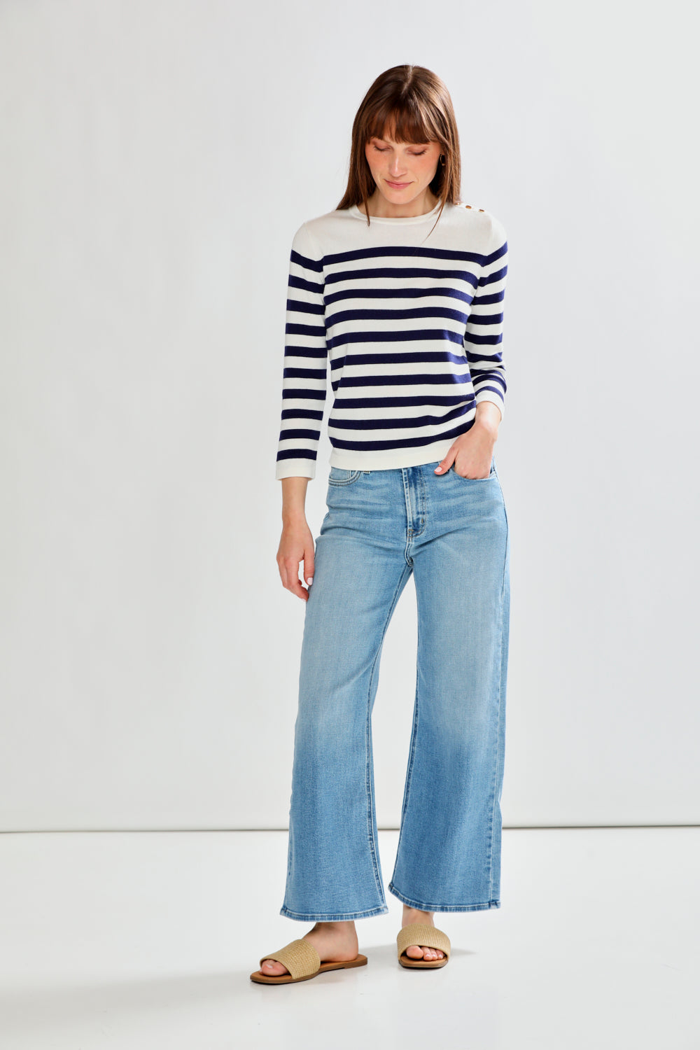 Woman wearing Striped Shoulder Button Pullover - Navy