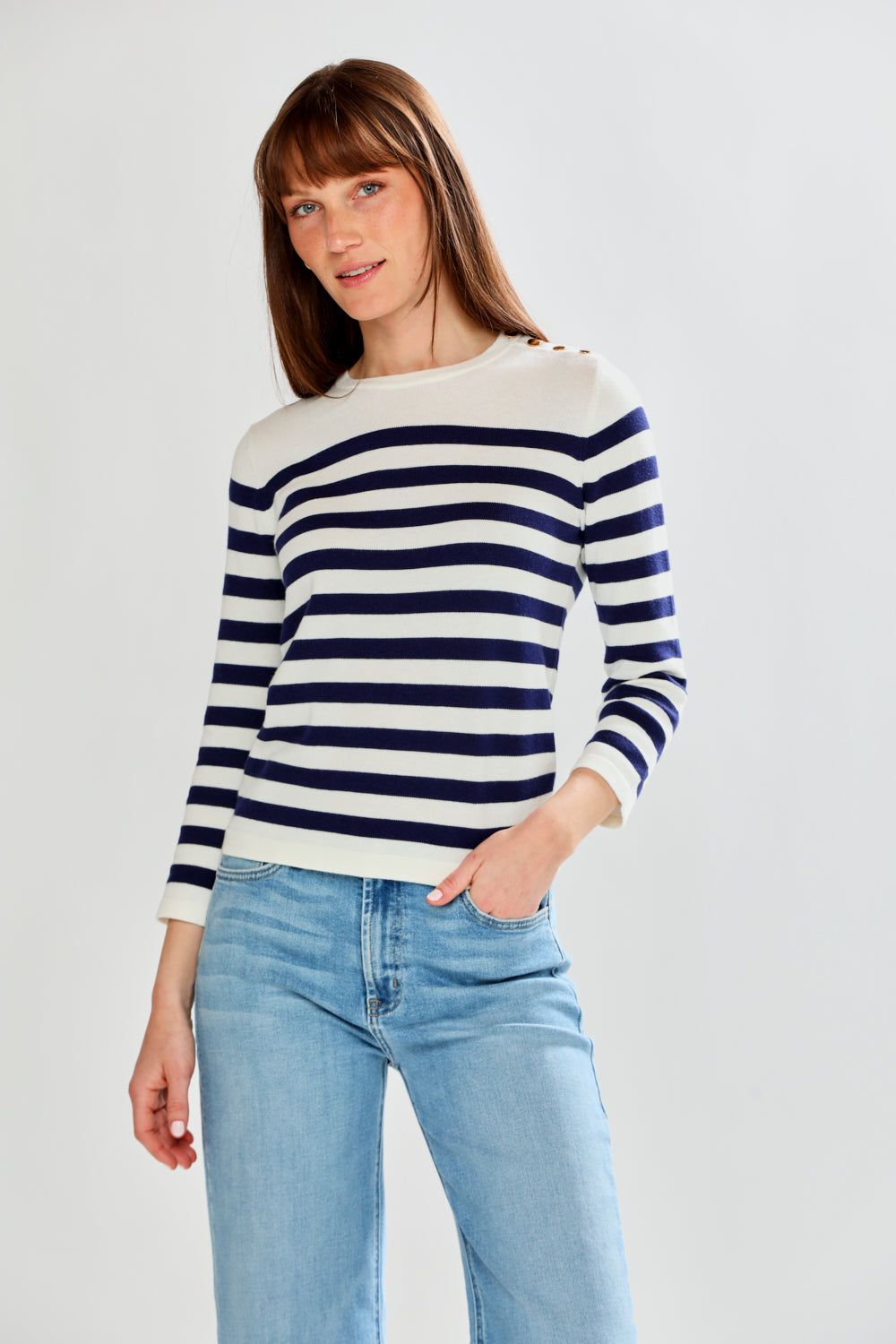 Woman wearing Striped Shoulder Button Pullover - Navy