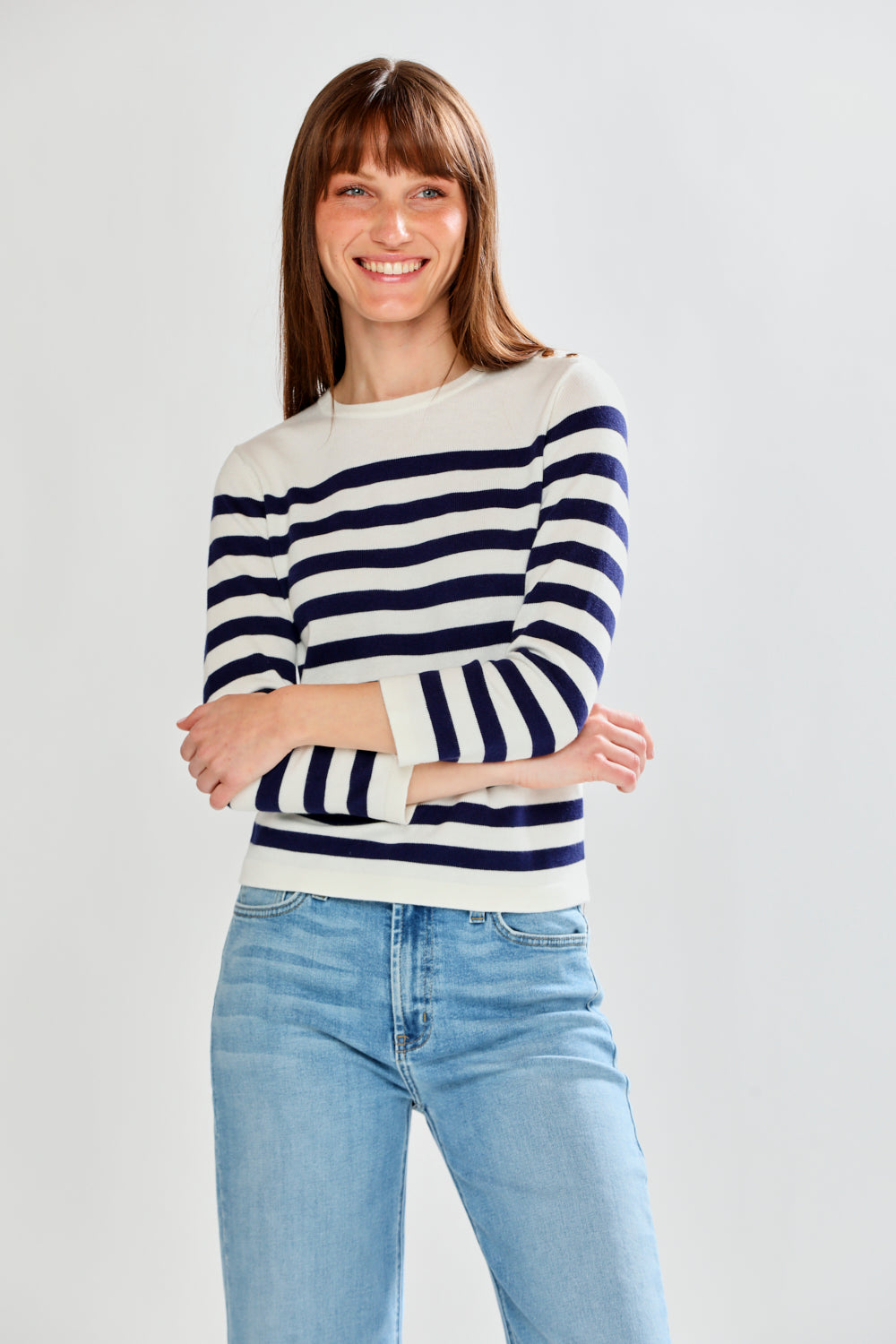 Woman wearing Striped Shoulder Button Pullover - Navy