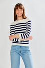 Woman wearing Striped Shoulder Button Pullover - Navy