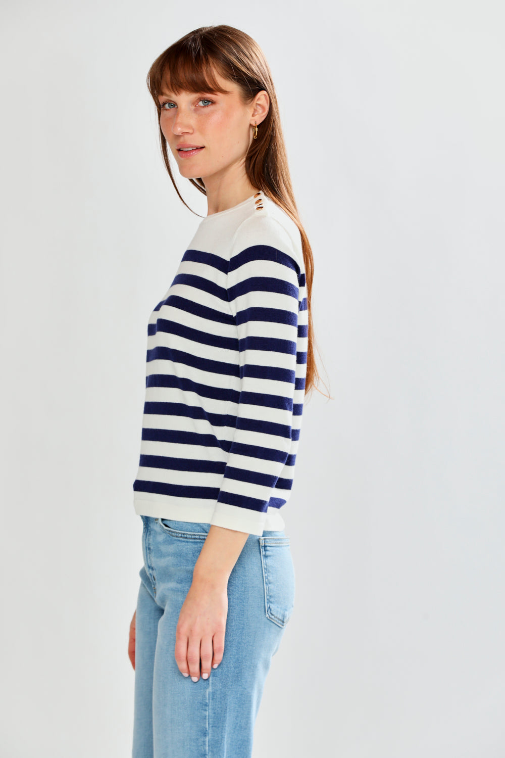 Woman wearing Striped Shoulder Button Pullover - Navy
