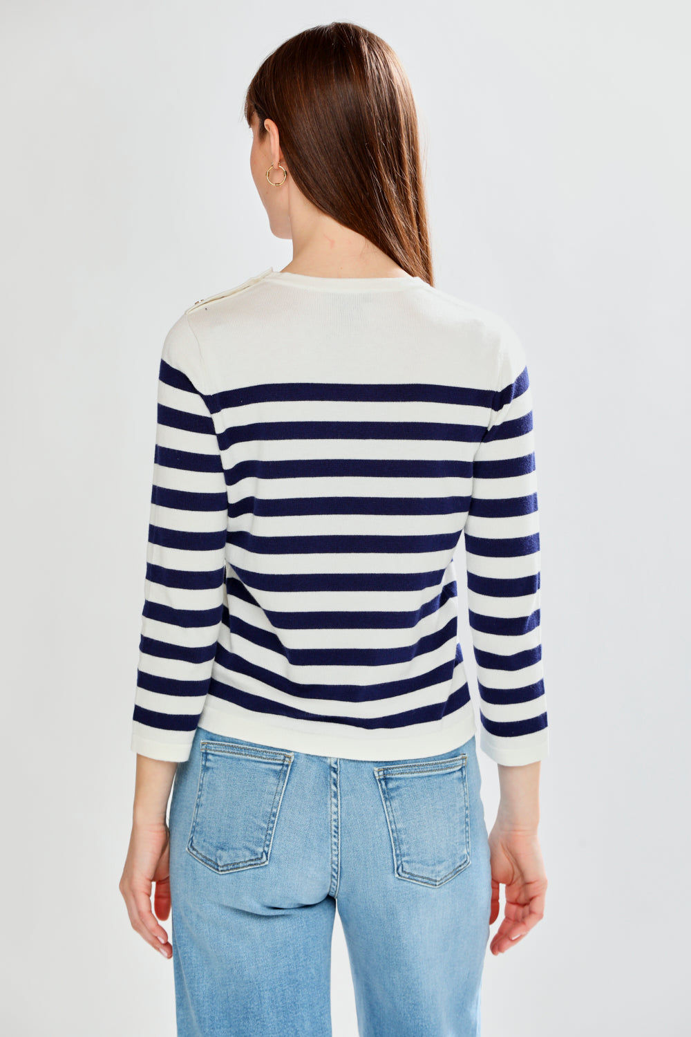 Woman wearing Striped Shoulder Button Pullover - Navy
