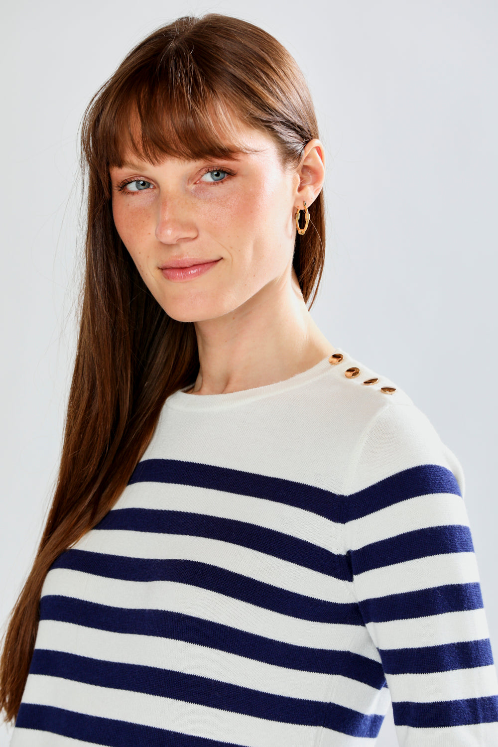 Woman wearing Striped Shoulder Button Pullover - Navy