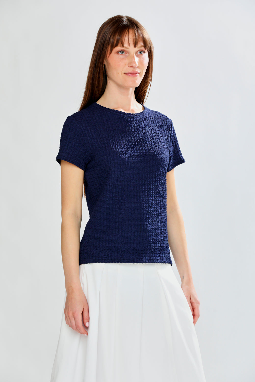 Woman wearing PAMELA TOP - NAVY