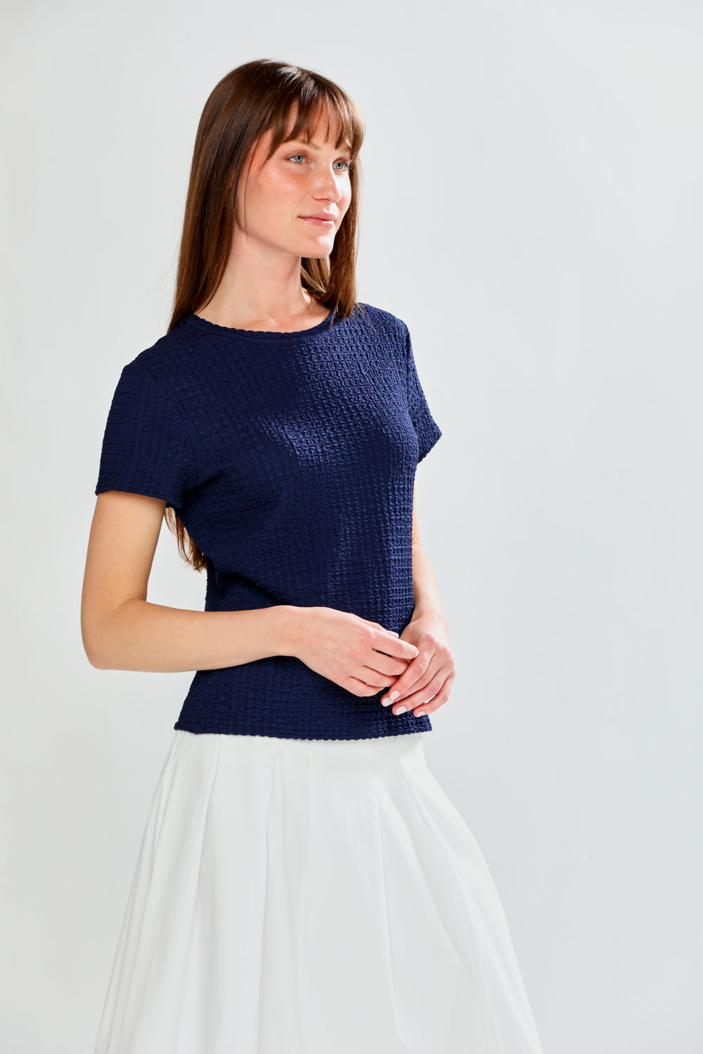 Woman wearing PAMELA TOP - NAVY