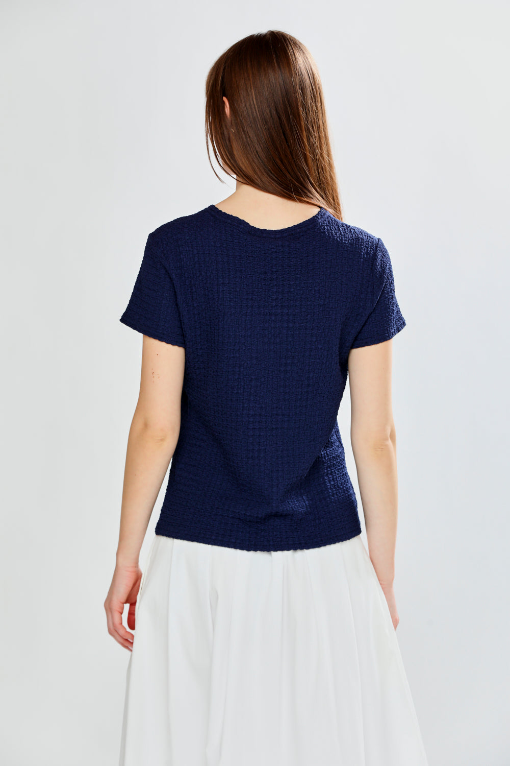 Woman wearing PAMELA TOP - NAVY
