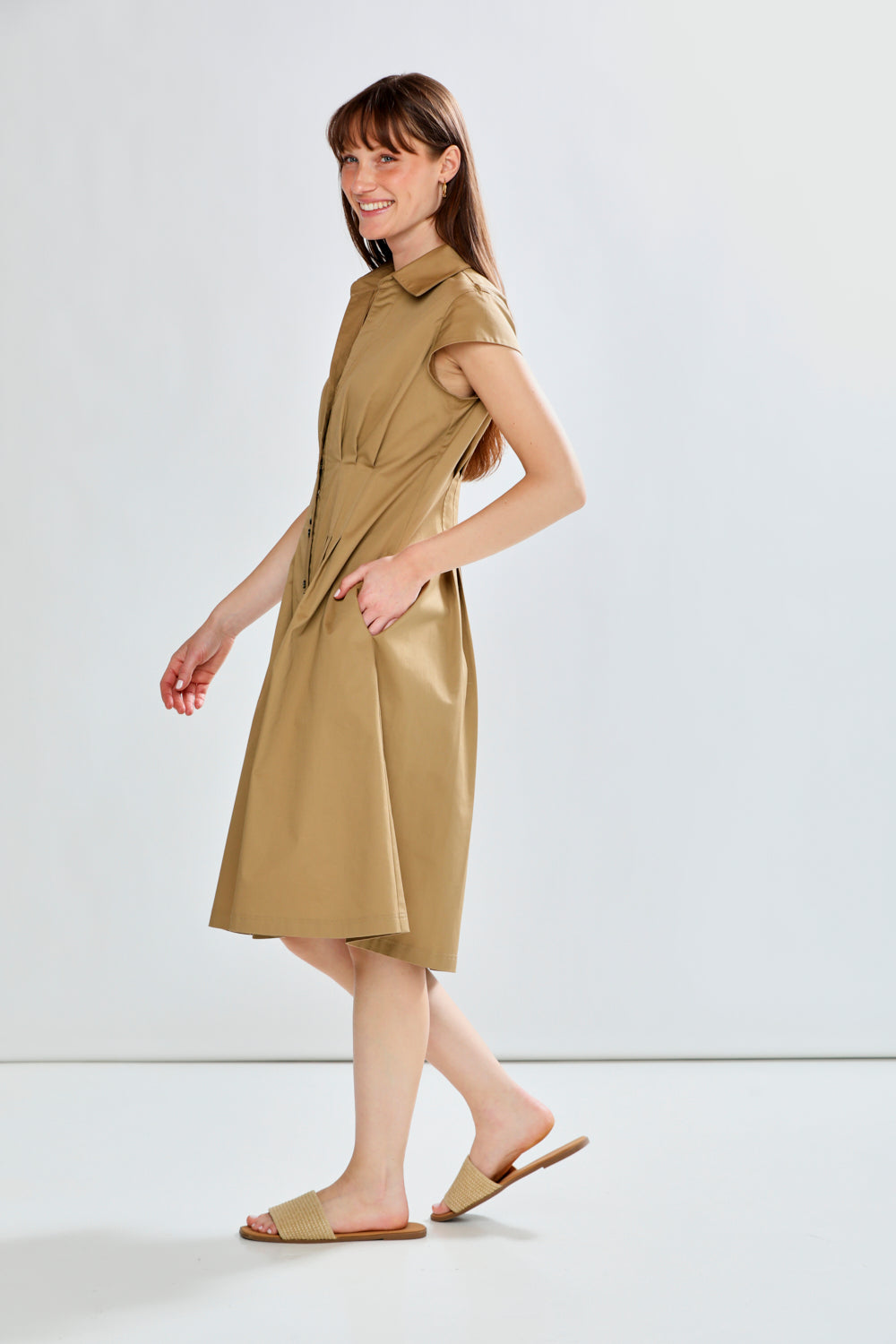 Woman wearing KAILYN DRESS - CAFE AU LAIT