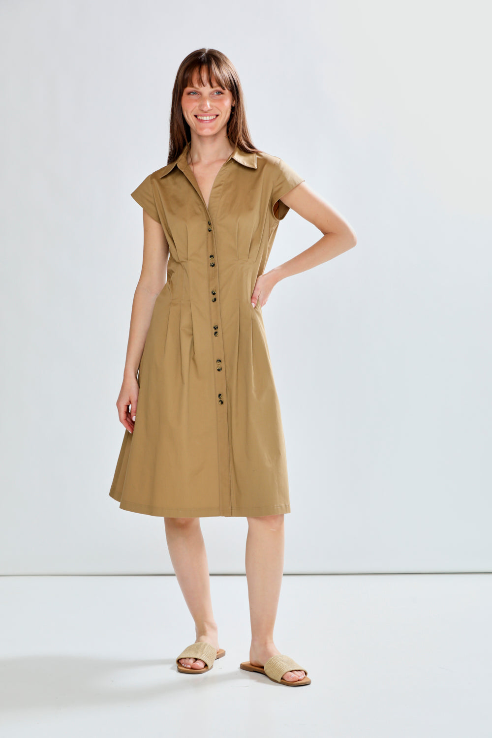 Woman wearing KAILYN DRESS - CAFE AU LAIT