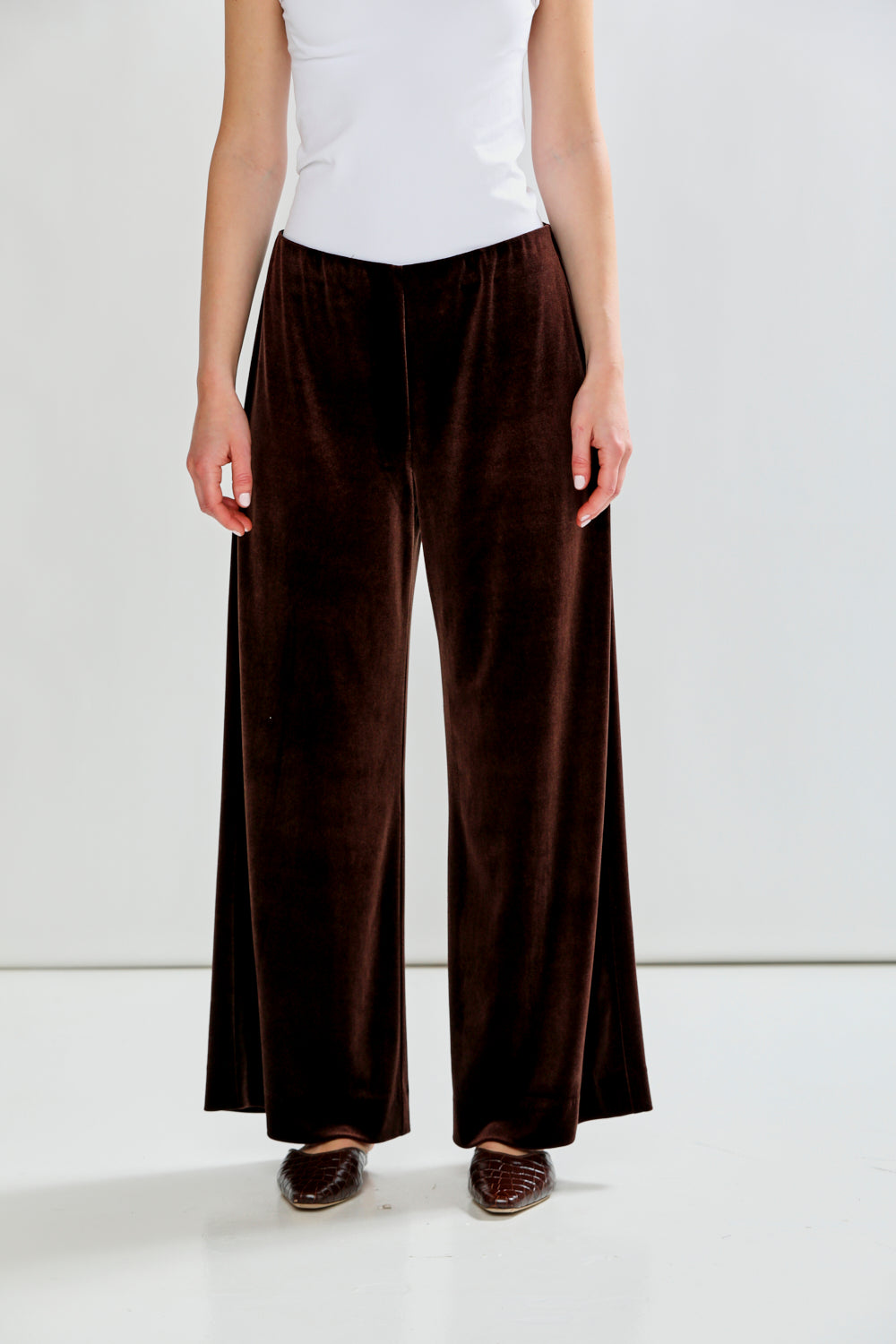 Person wearing brown wide-leg pants and a white top on a white background