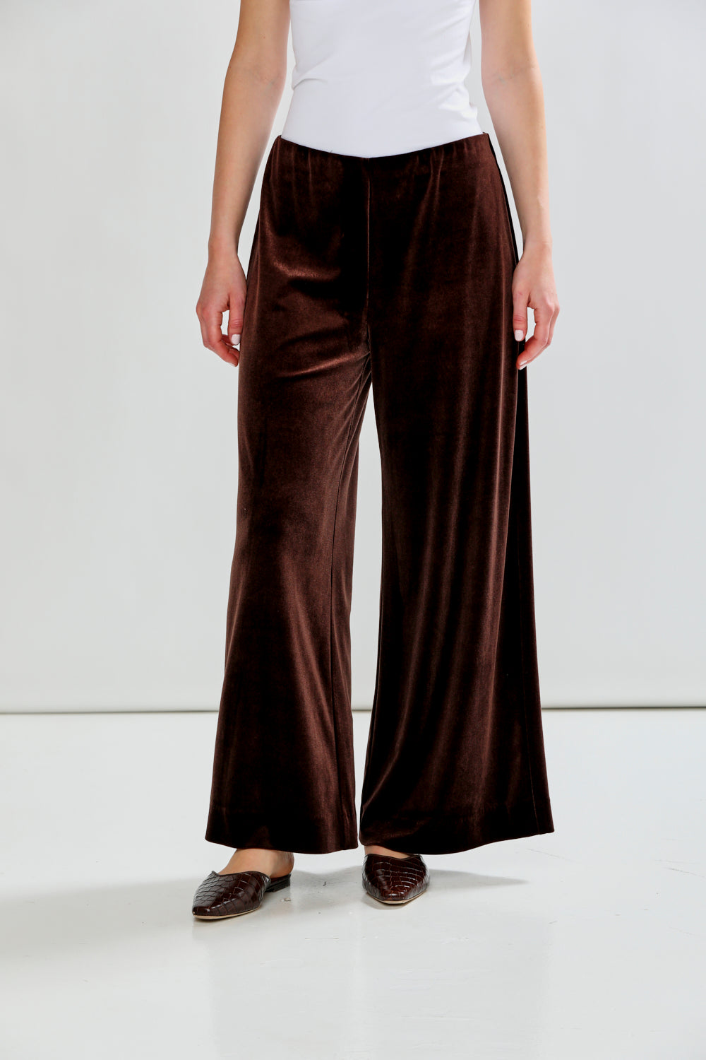 Person wearing brown wide-leg pants and a white top on a plain background