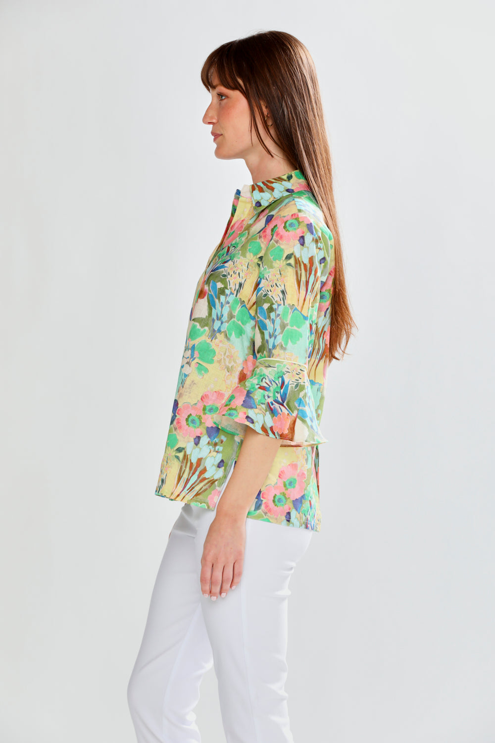 woman in floral shirt