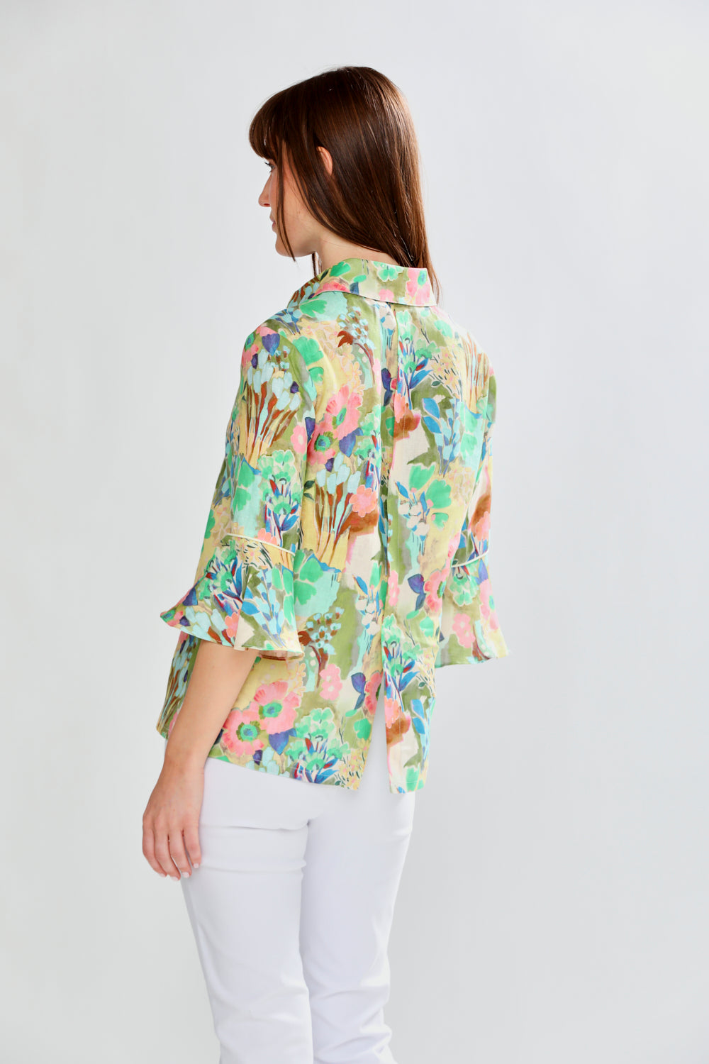 woman in floral shirt