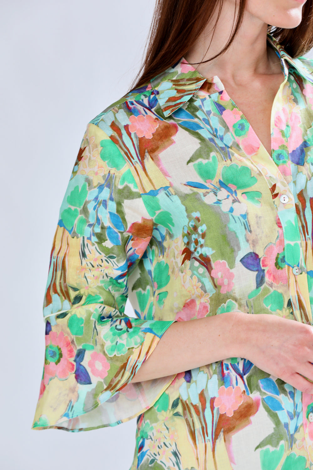 woman in floral shirt