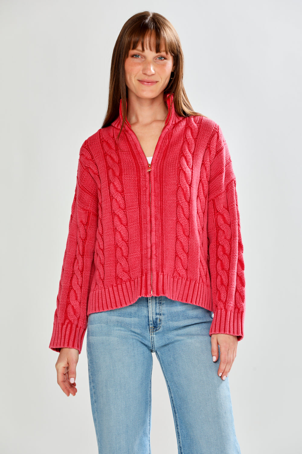 woman in red sweater