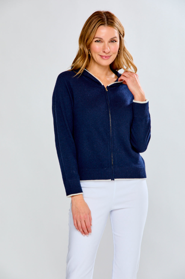 Woman in cardigan with hood