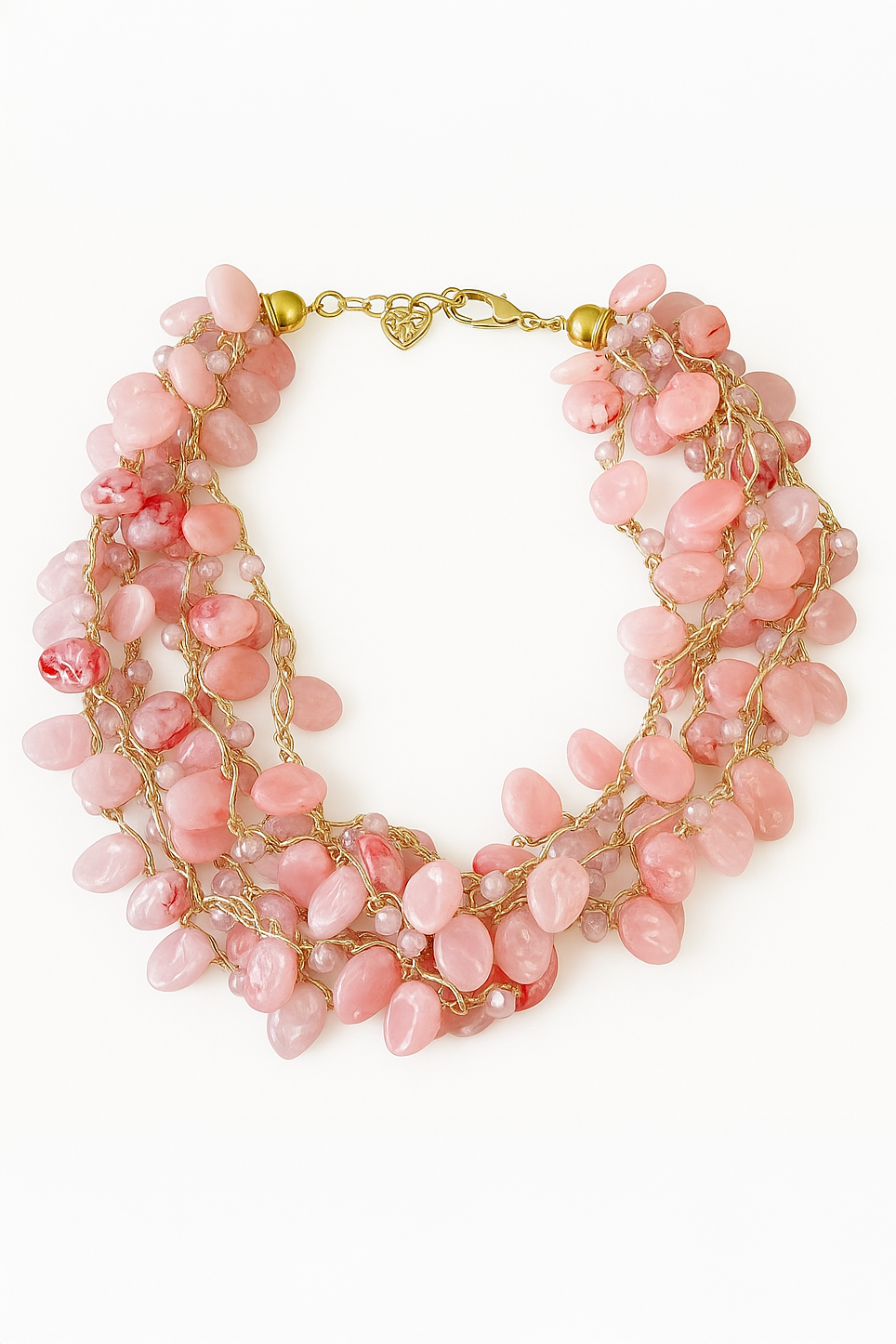 Pink beaded necklace with gold chain on a white background