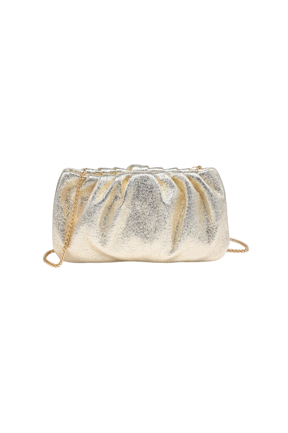A metallic gold clutch bag with a gathered, pleated texture and a thin gold chain strap, shown against a plain white background.