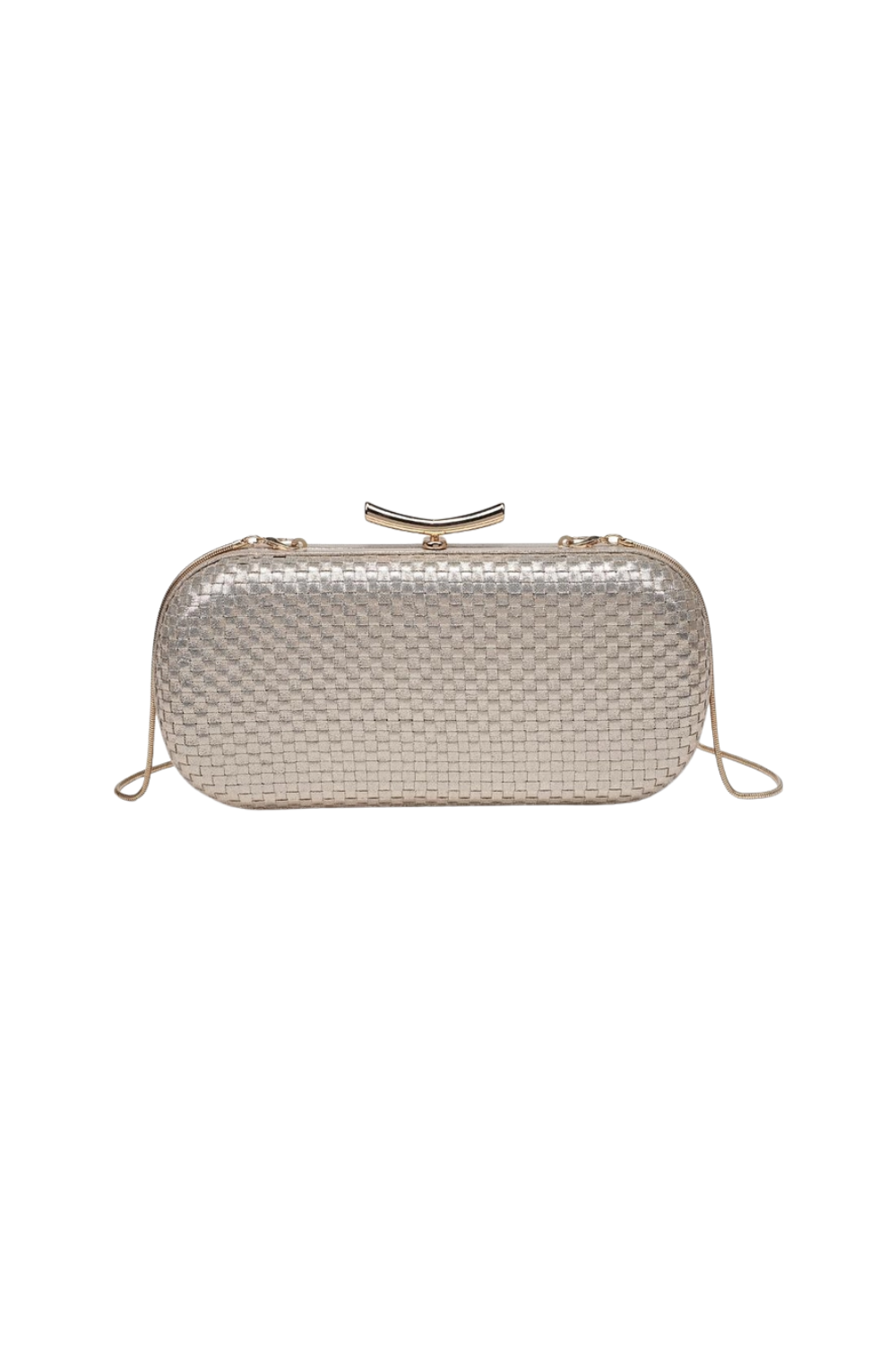 A metallic woven clutch bag with a top handle and a thin shoulder strap, shown against a plain white background.