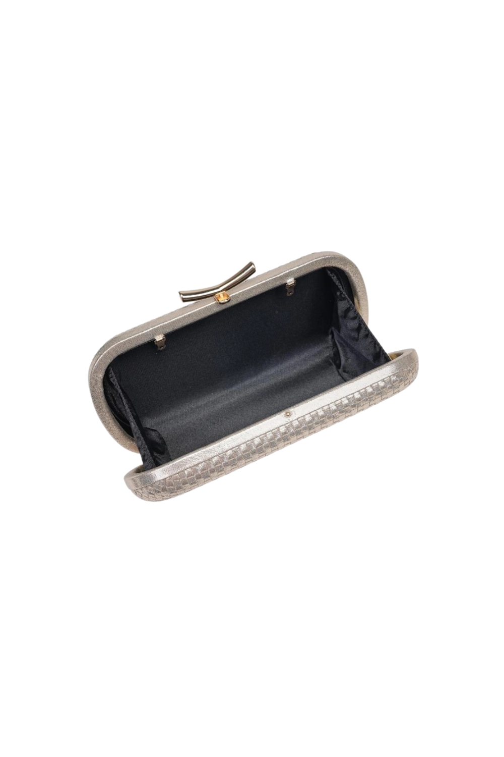 A gold-toned clutch purse shown open to reveal a black satin interior, set against a plain white background.