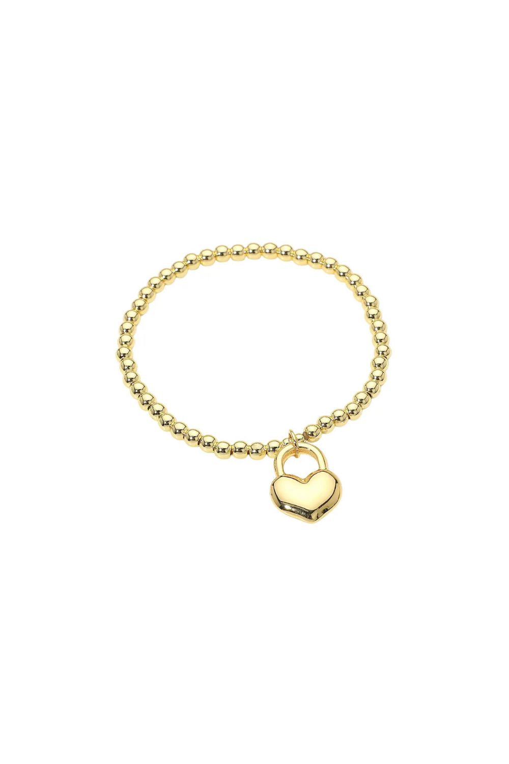 Gold bracelet with a heart-shaped lock charm on a white background
