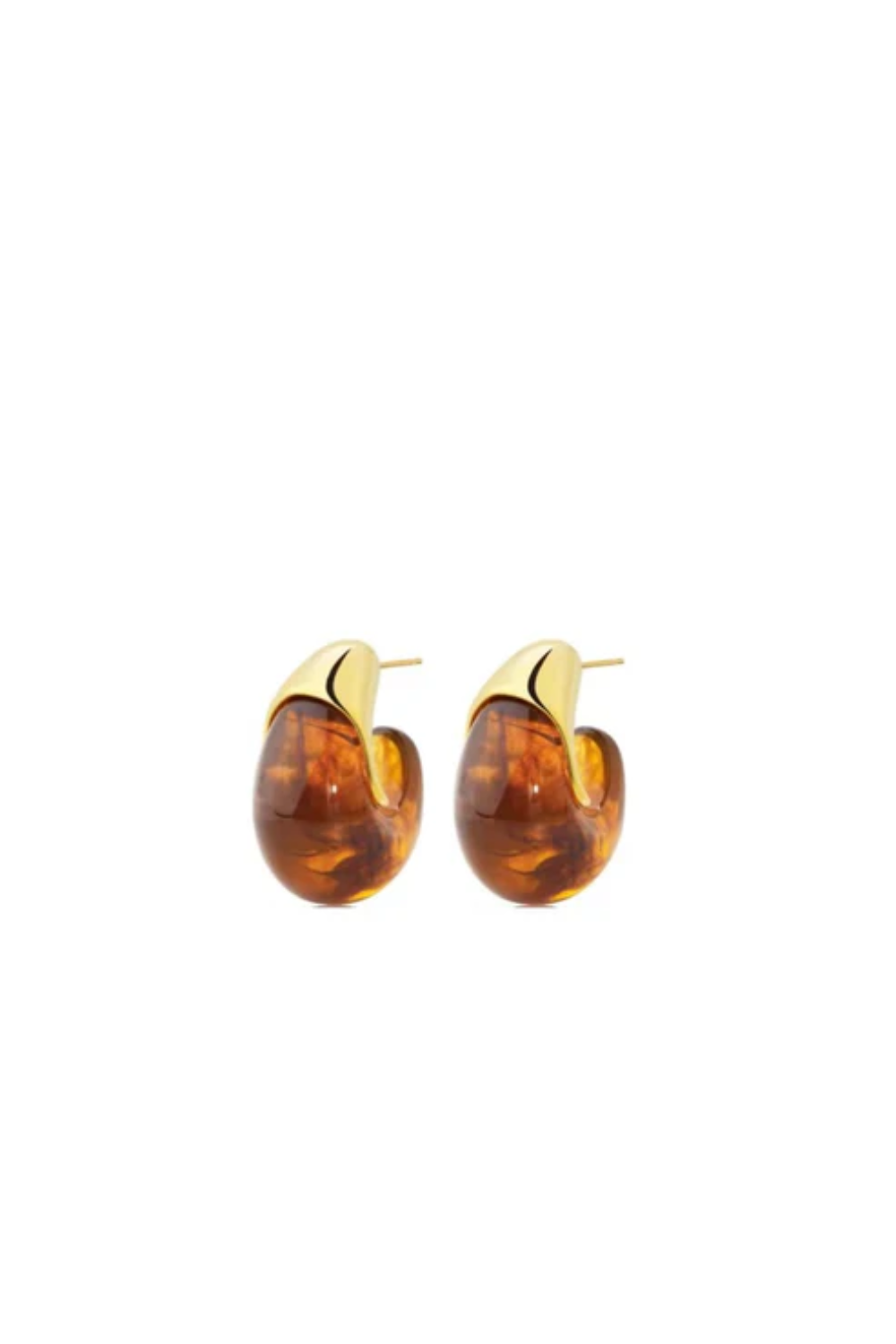 Pair of gold hoop earrings with amber-colored stones on a white background