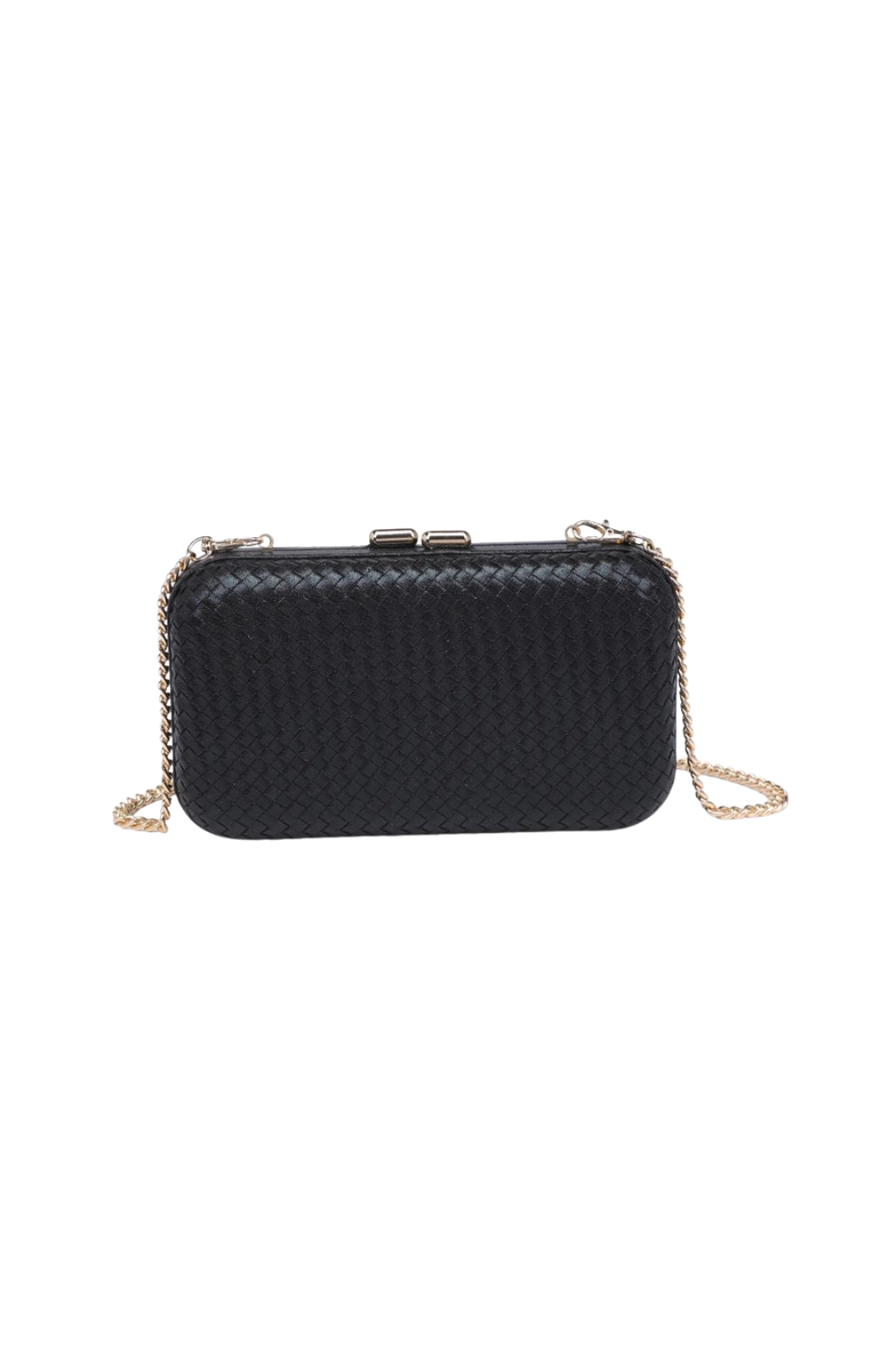 A black woven leather clutch bag with a gold-tone chain strap and clasp, shown against a plain white background.