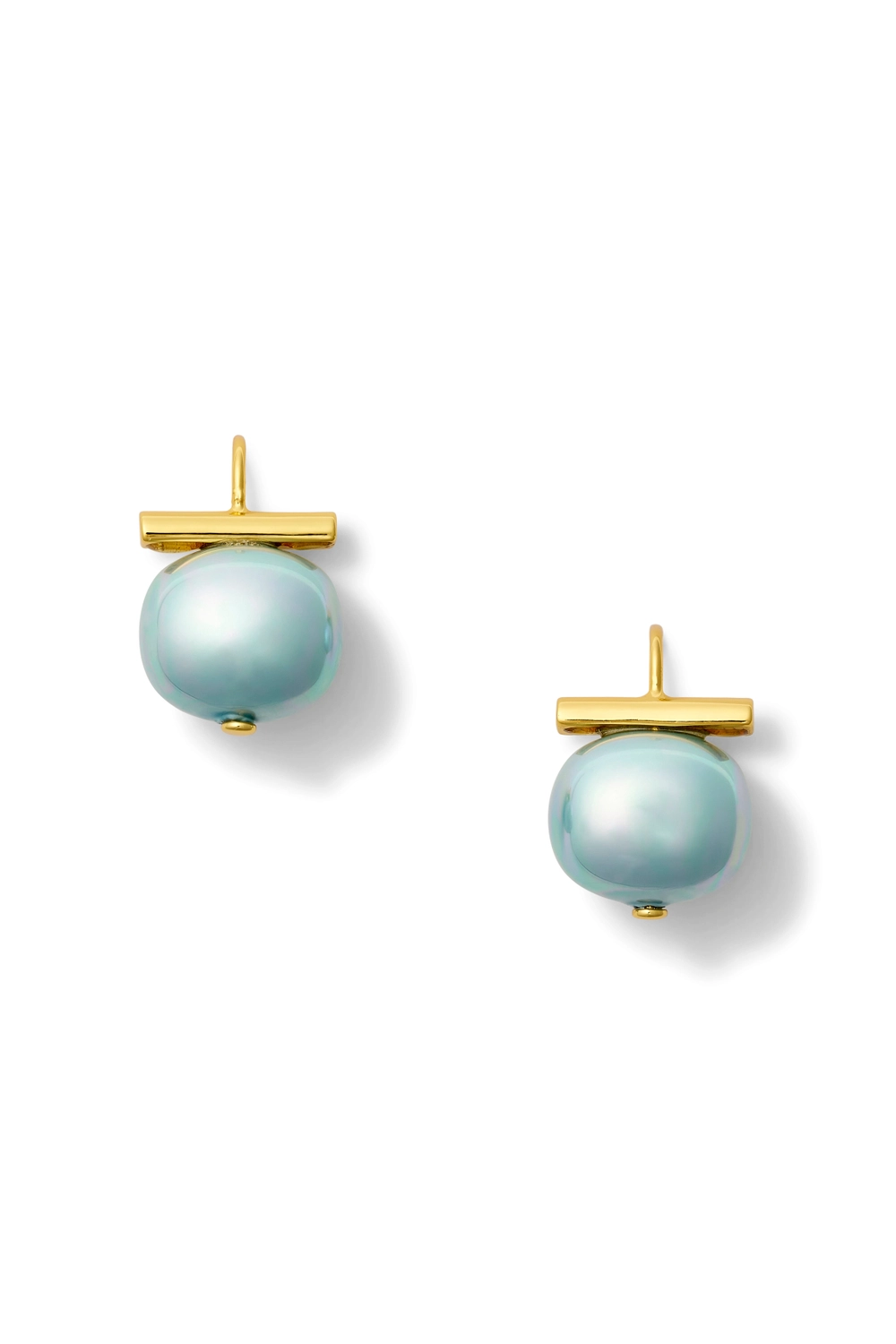 Pair of earrings with gold posts and light blue spherical stones on a white background