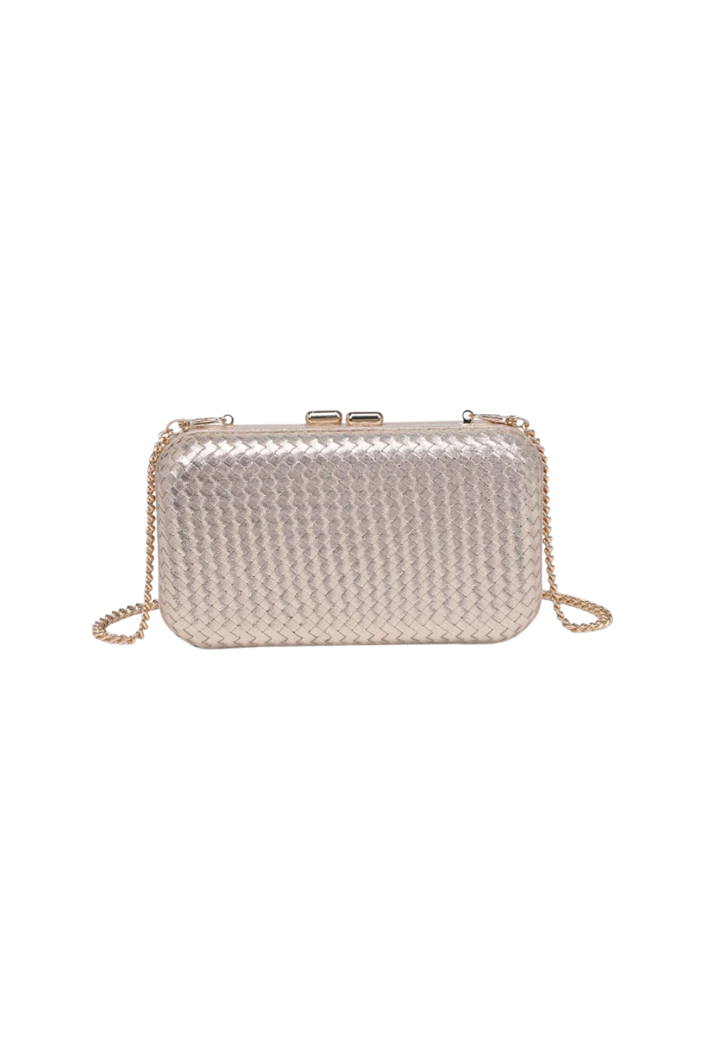 A gold woven clutch bag with a gold-tone chain strap and clasp closure, shown against a plain white background.
