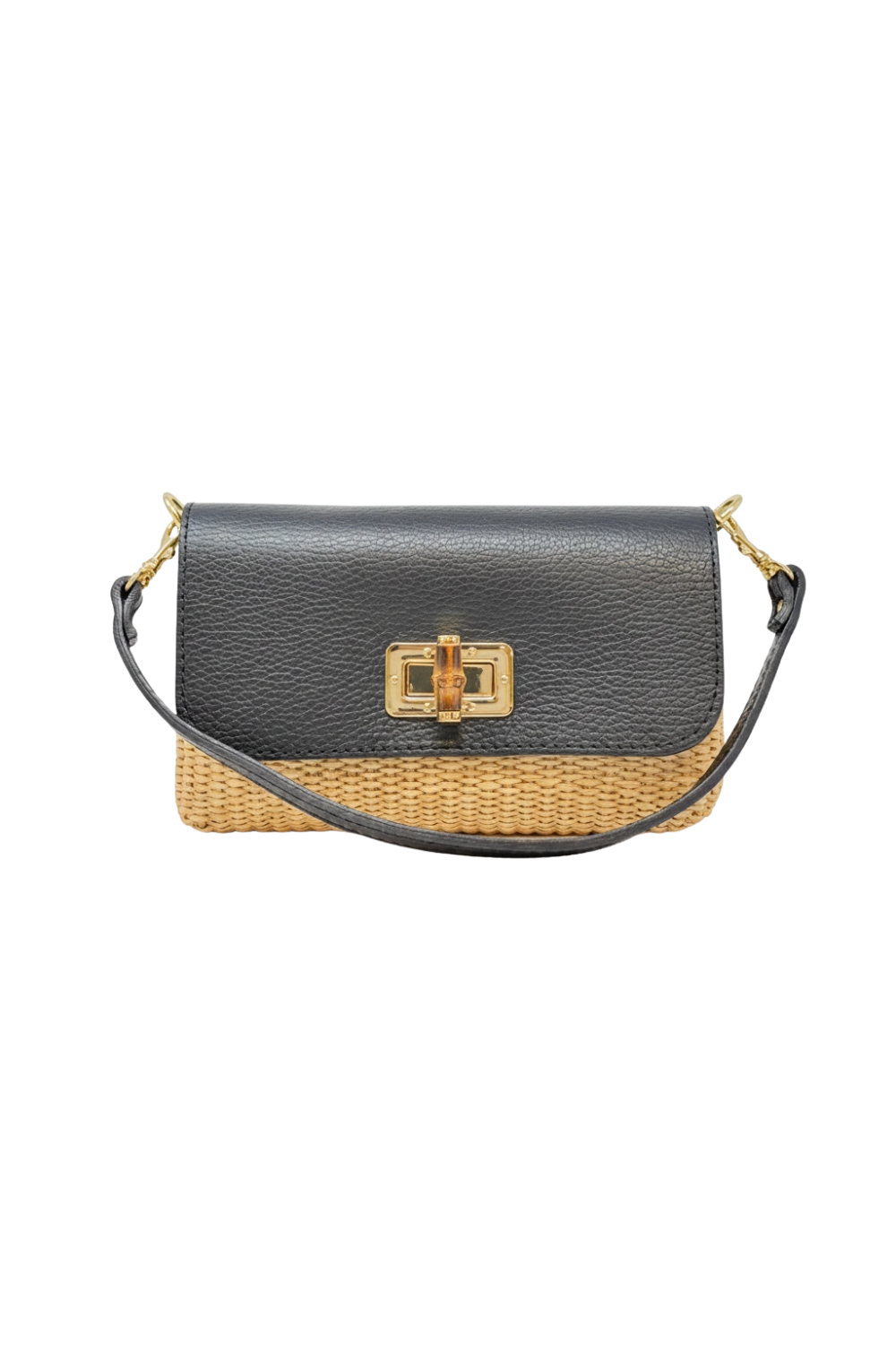 Black and beige handbag with a strap on a white background