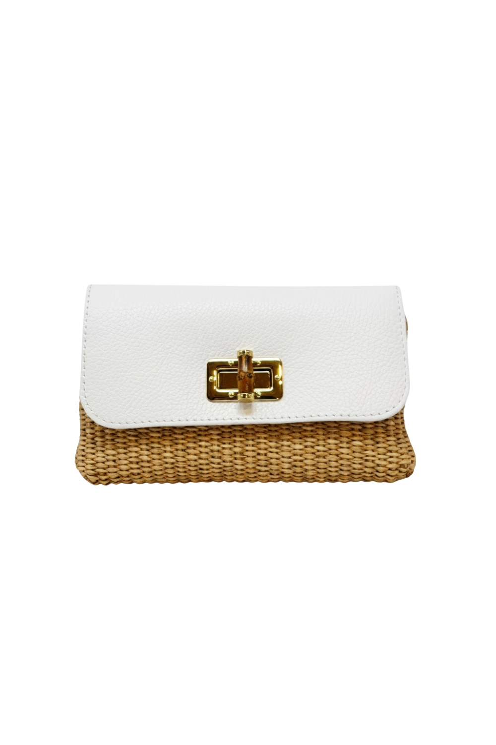 White clutch with gold clasp and wicker base on a white background
