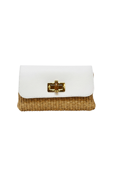 The Leather Bamboo Clasp & Raffia Crossbody Bag in White – Sara