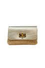 Gold clutch with a woven design on a white background