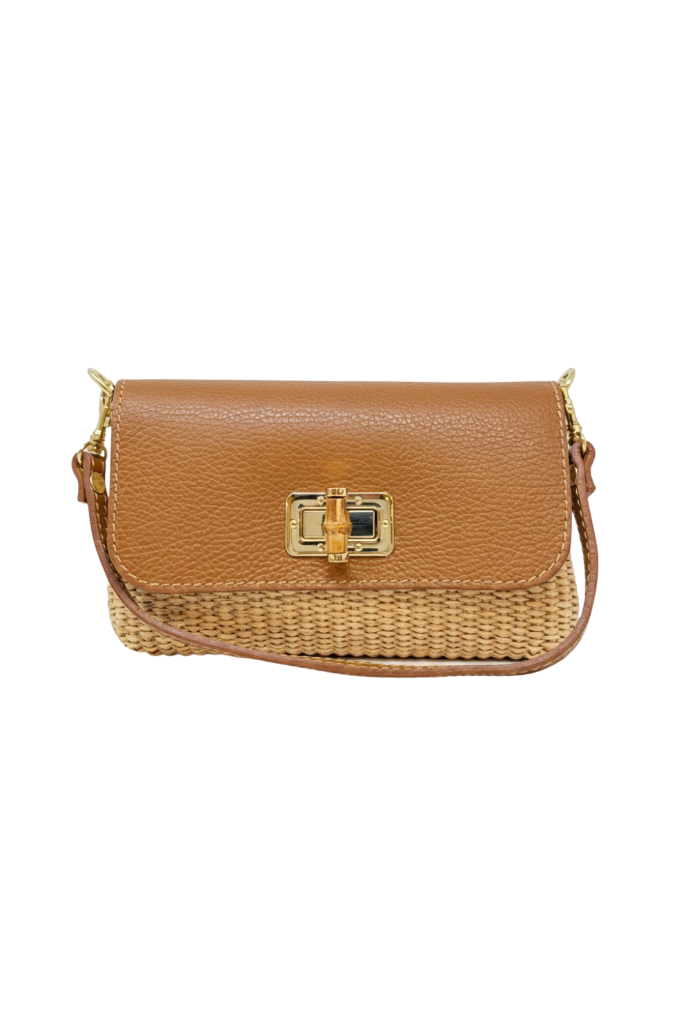 Brown handbag with woven design on a white background