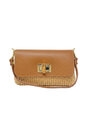 Brown handbag with woven design on a white background