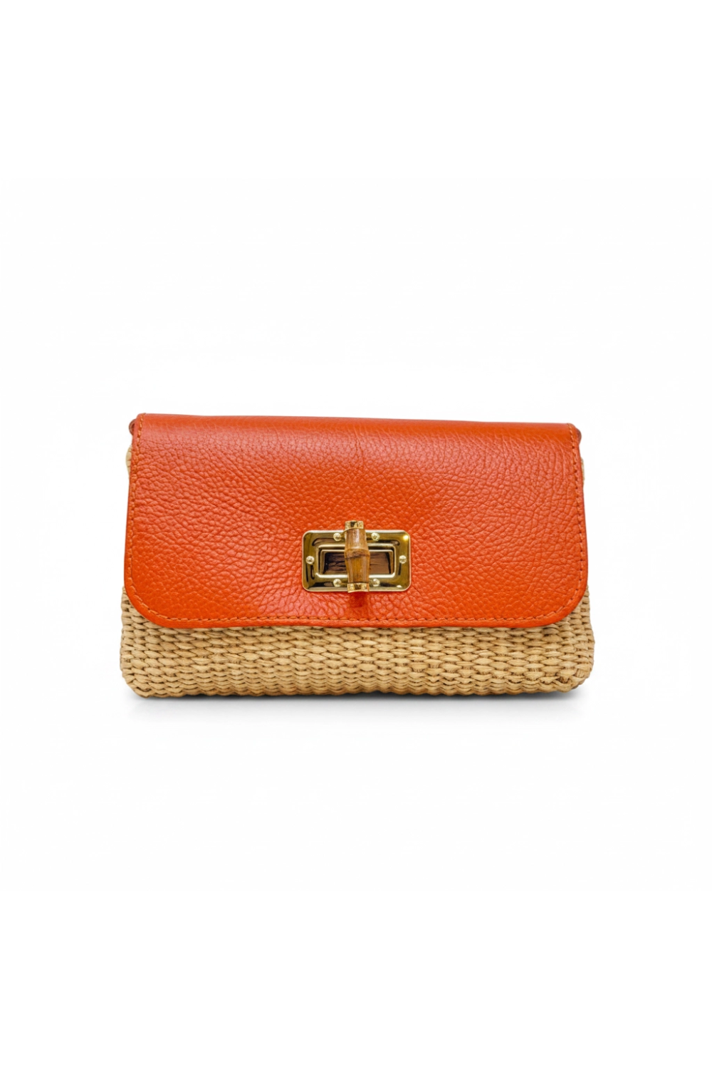 Orange leather and straw wallet with a gold clasp on a white background