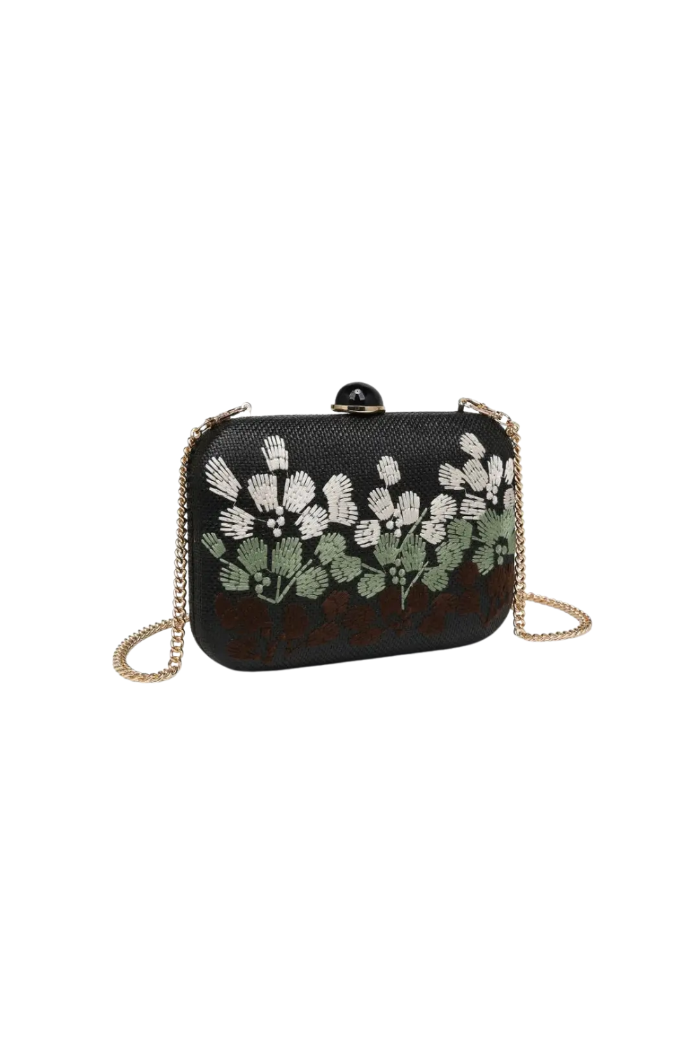 A black textured clutch bag with an embroidered floral pattern in white, green, and brown, featuring a gold chain shoulder strap and a black top clasp, shown on a plain white background.