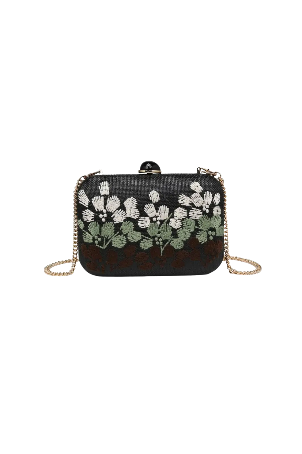 A black clutch bag featuring a green and white floral embroidery design across the front, with a gold-tone chain strap and a black snap-button clasp, shown against a plain white background.
