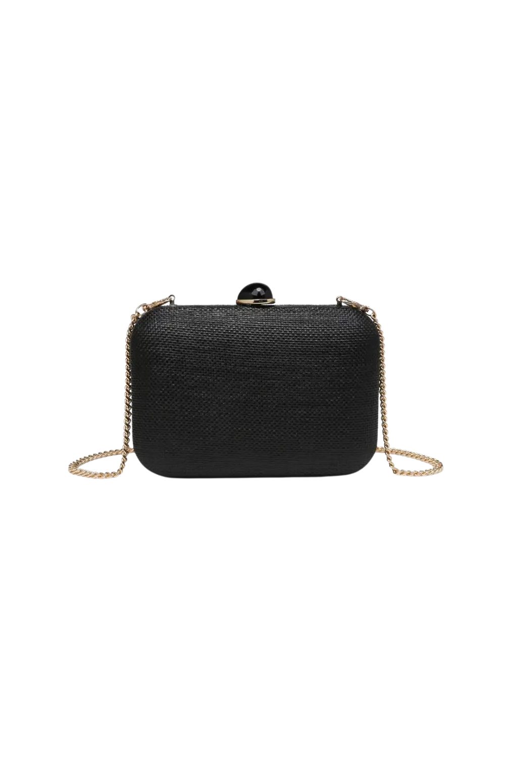 A black textured clutch bag with a gold-tone chain strap and a small black bead clasp on top, shown against a plain white background.