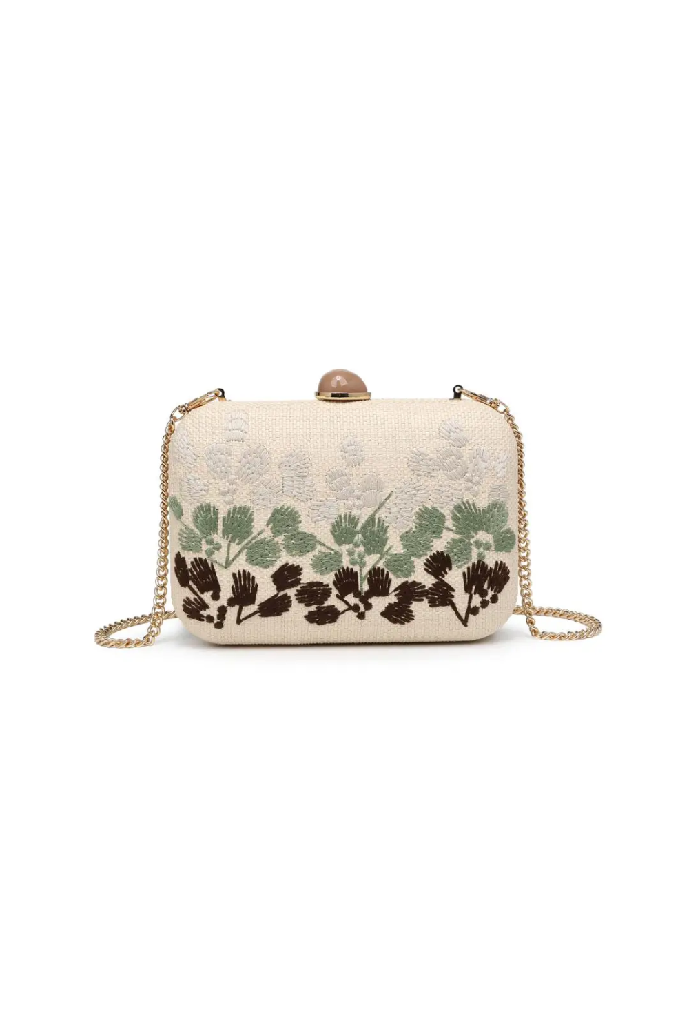 An off-white woven clutch bag with a green and brown floral pattern on the front, featuring a gold-tone chain strap and a small gold clasp on top, set against a plain white background.