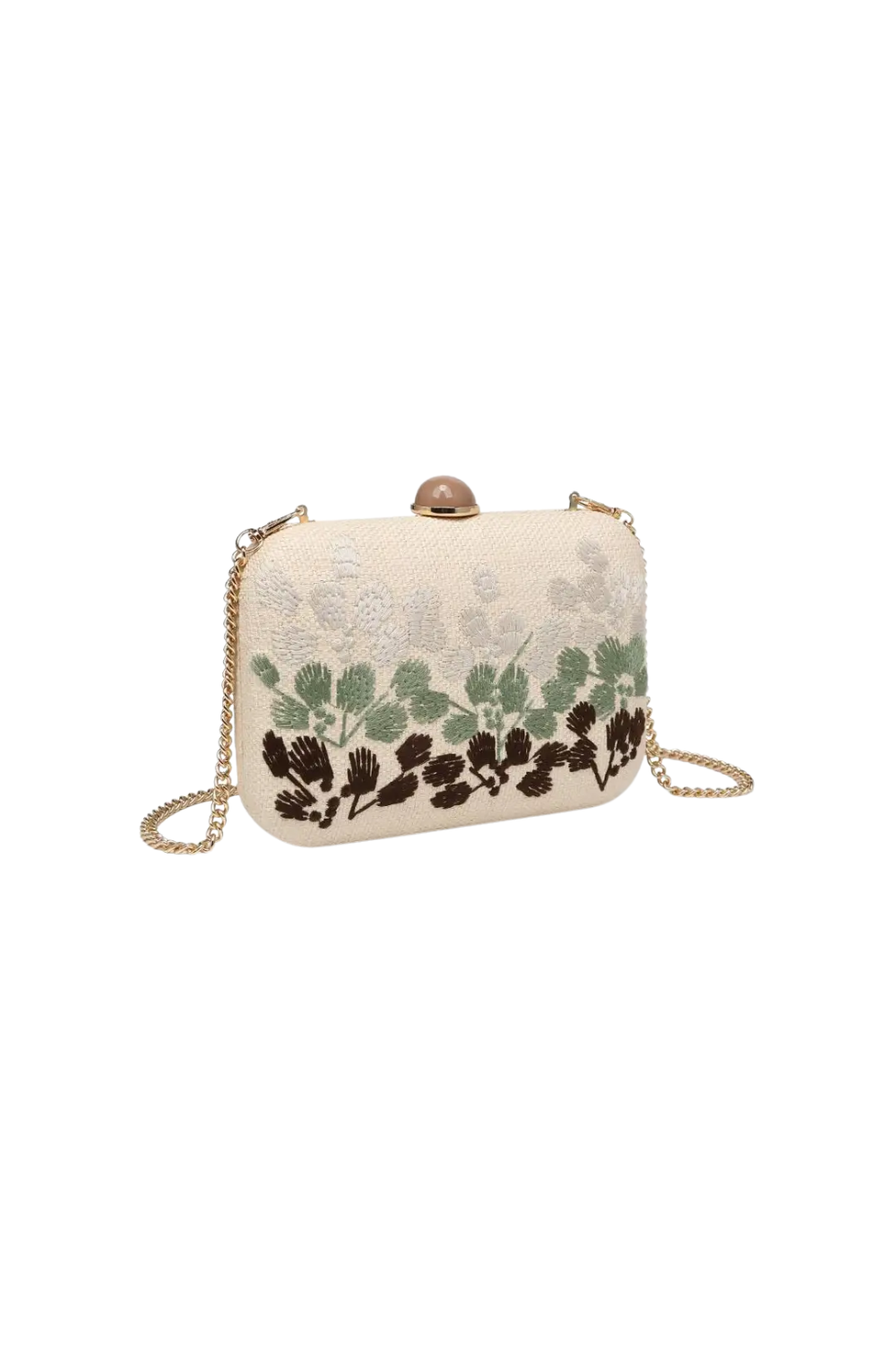 An off-white textured clutch bag with a gold-tone chain strap and a brown top clasp, decorated with green and dark brown leaf embroidery along the bottom half.