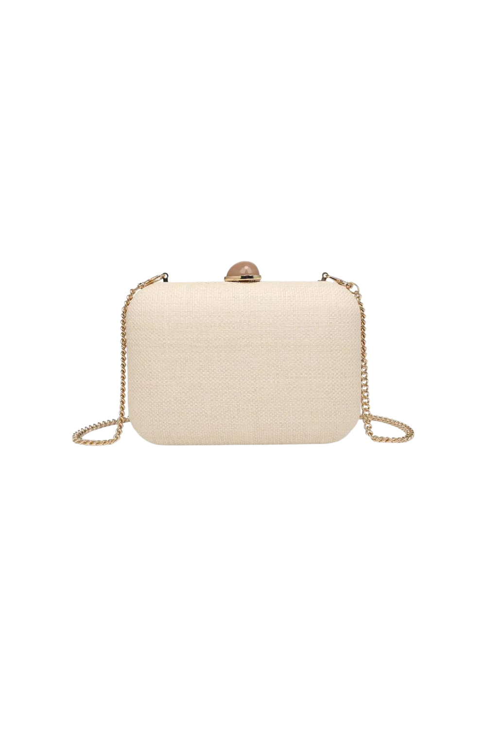 An off-white woven clutch bag with a gold-tone chain strap and a small gold clasp, shown against a plain white background.