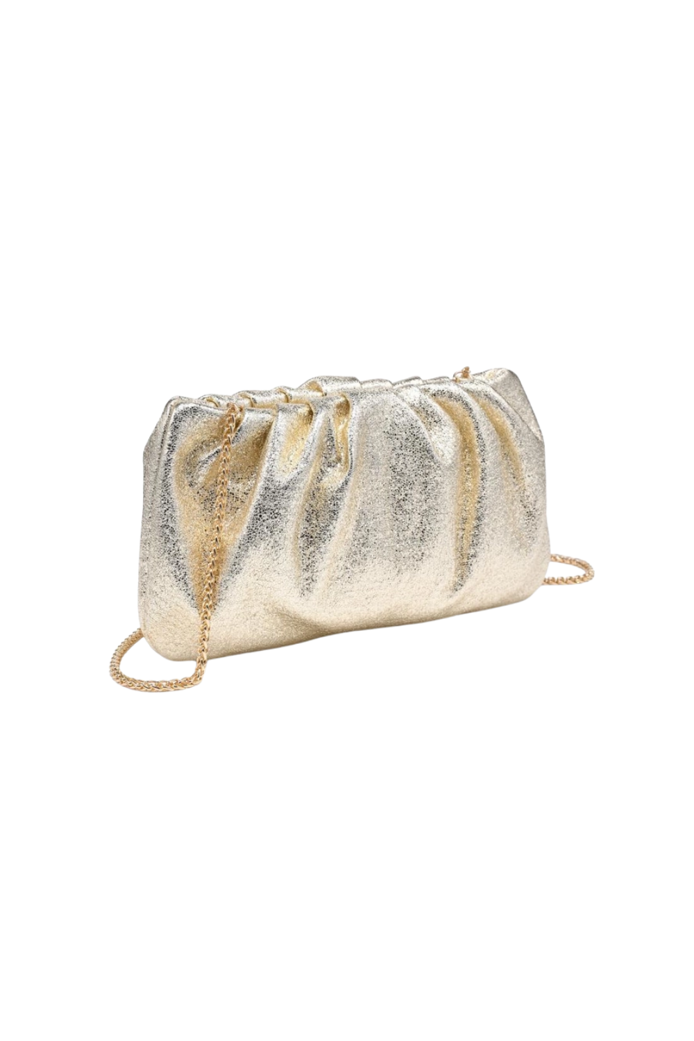 A metallic gold clutch bag with a gathered, pleated texture and a thin gold chain strap, shown on a plain white background.